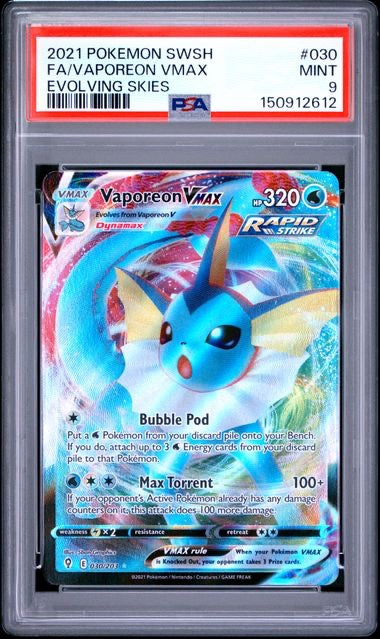 FA/VAPOREON VMAX · #030 · POKEMON SWORD & SHIELD EVOLVING SKIES · PSA 9 — PSA 9 — 65bb94e8-f2eb-4821-af80-27e8f7f56f56