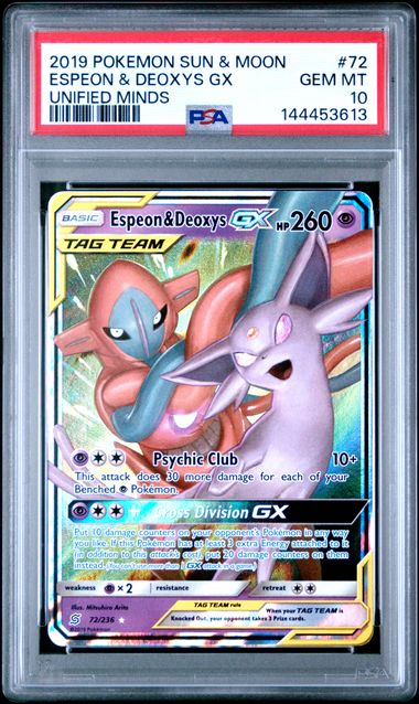 ESPEON & DEOXYS GX · #72 · POKEMON SUN & MOON UNIFIED MINDS · PSA 10 — PSA 10 — c18f5ae0-ee04-4416-a05e-77be7be25c06