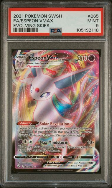 FA/ESPEON VMAX · #065 · POKEMON SWORD & SHIELD EVOLVING SKIES · PSA 9 — PSA 9 — 6ce3c23d-69be-4011-b80a-6599c58f1939