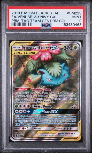 FA/VENUSR. & SNIVY GX · #SM229 · POKEMON SM BLACK STAR PROMO · PSA 9 — PSA 9 — 488063ae-f8a7-4b2a-9ae3-518a613b4609