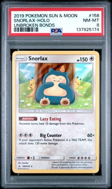 SNORLAX-HOLO · #158 · POKEMON SUN & MOON UNBROKEN BONDS · PSA 8 — PSA 8 — 65bb94e8-f2eb-4821-af80-27e8f7f56f56